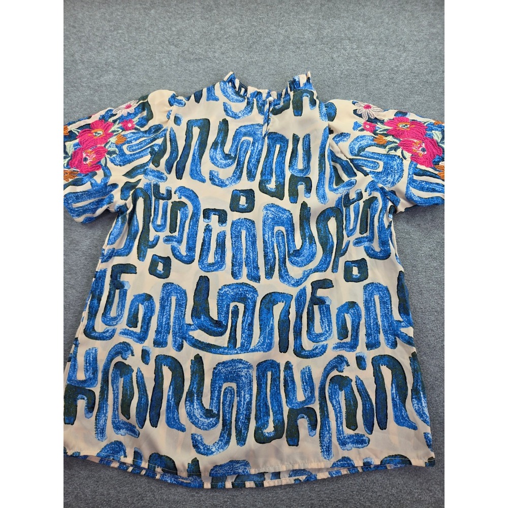Embroidered Floral Abstract Blue Print Short Sleeve Blouse Top Small Boho Chic